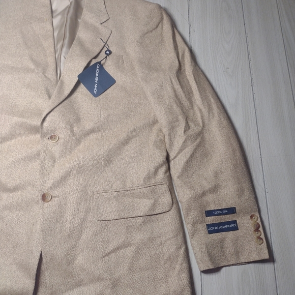 JOHN ASHFORD 3 Button Herringbone Blazer/Sport Coat-Beige-Silk-SZ 40L-NWT - Picture 6 of 15